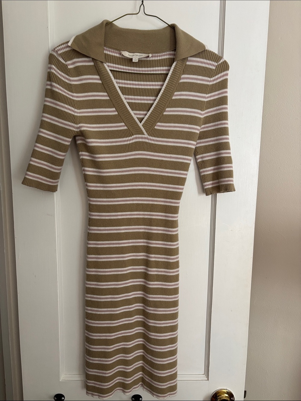 Favorite Daughter Olive and White Striped V‑Neck Polo Midi Dress